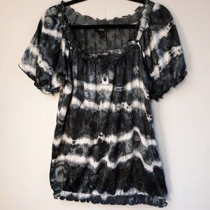 AGB Silky Satin Blouse Large GUC Tie Dye Black and White Top Tie Dyed Shirt